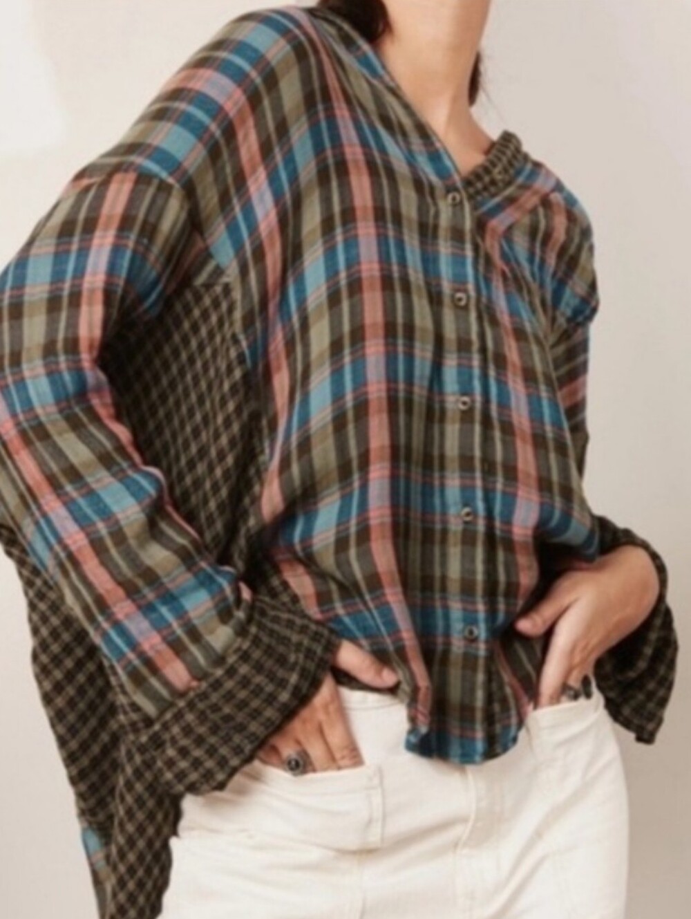 Free People One Of The Guys Button Down Plaid Top Size S Oversized